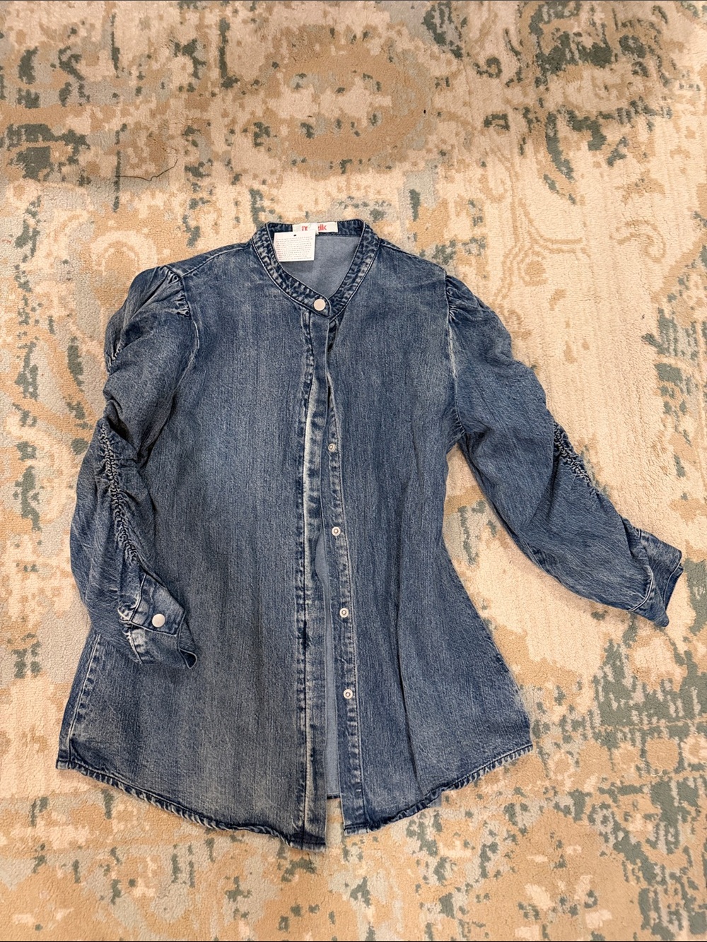 Mazik Washed Blue Denim Button-Front Jacket with Ruched Sleeves